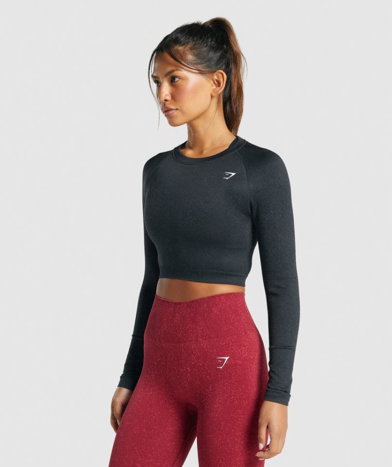 Women's Gymshark Adapt Fleck Seamless Long Sleeve Cropped Tops Black | CA N3D510